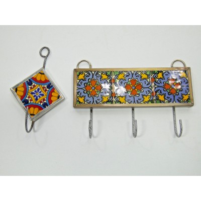set of 2 KEY HOLDERS with talavera tile, mexican handmade wall hanging, key hook   273312878233